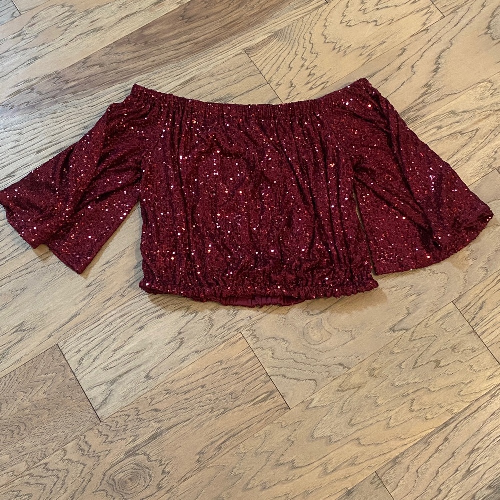 Venus red sequin off shoulder crop top - Picture 2 of 4